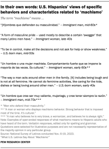 A table with examples of open-ended responses of what machismo means to Hispanic adults who have heard of the term. Quotes focus on U.S. Hispanics’ views of specific behaviors and characteristics related to machismo.
