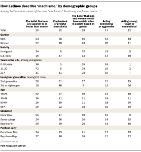 A table showing how Latinos describe “machismo” across demographic groups.