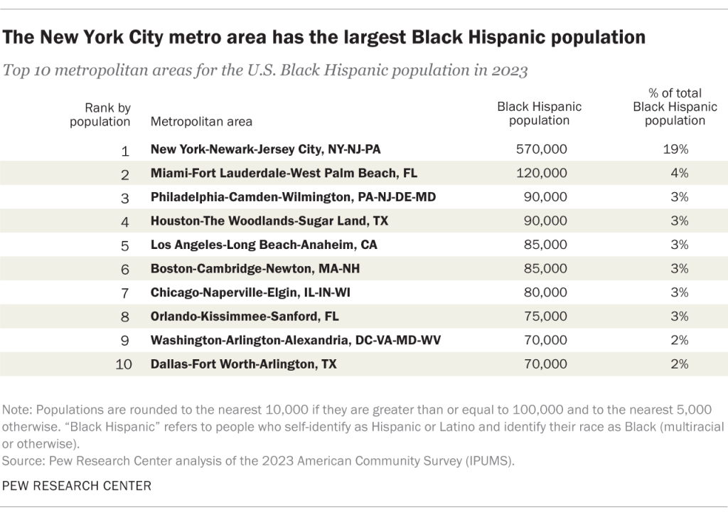The New York City metropolitan area has the largest Black Hispanic population