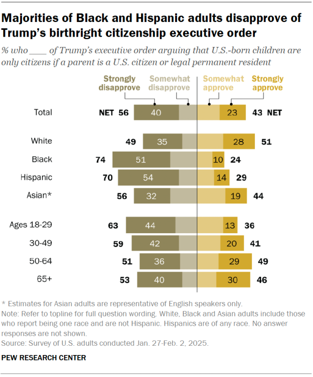 A diverging bar chart showing that majorities of Black and Hispanic adults disapprove of Trump’s birthright citizenship executive order.