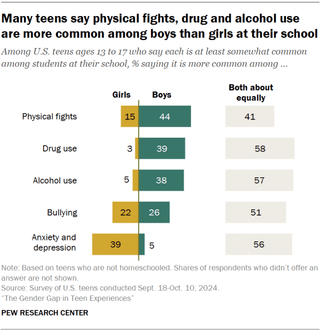 Many teens say physical fights, drug and alcohol use are more common among boys than girls at their school