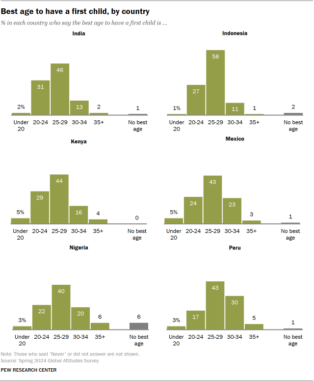 A set of bar charts showing Best age to have a first child, by country, continued