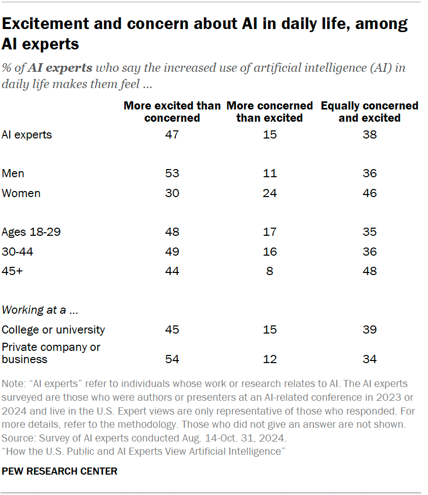 Excitement and concern about AI in daily life, among AI experts