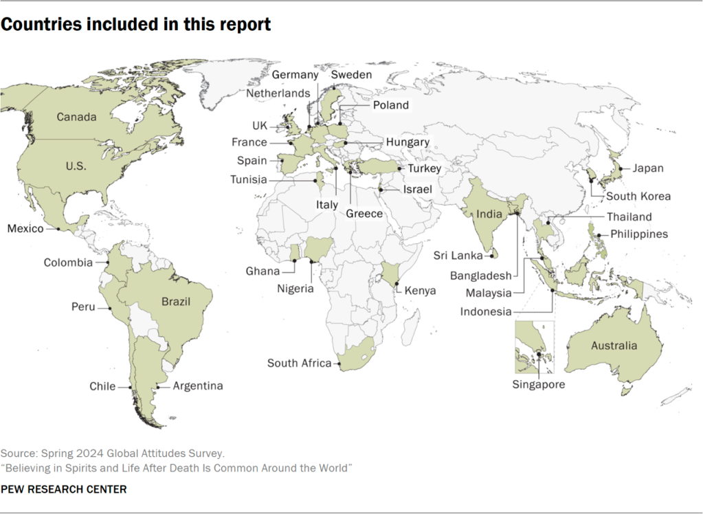 Map showing the countries included in the "Believing in Spirits and Life After Death Is Common Around the World" report