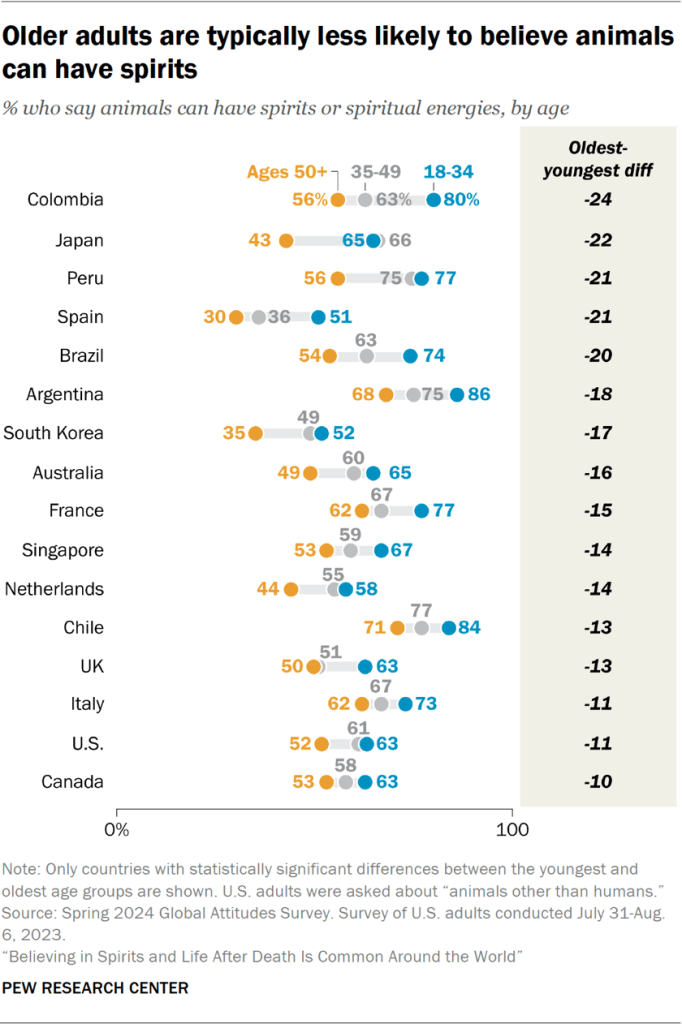 Chart showing older adults are typically less likely to believe animals can have spirits