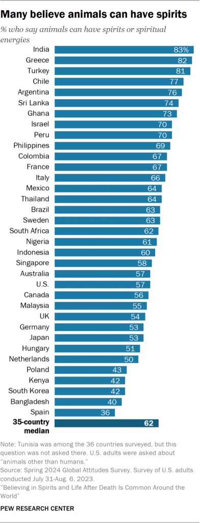Bar chart showing many believe animals can have spirits