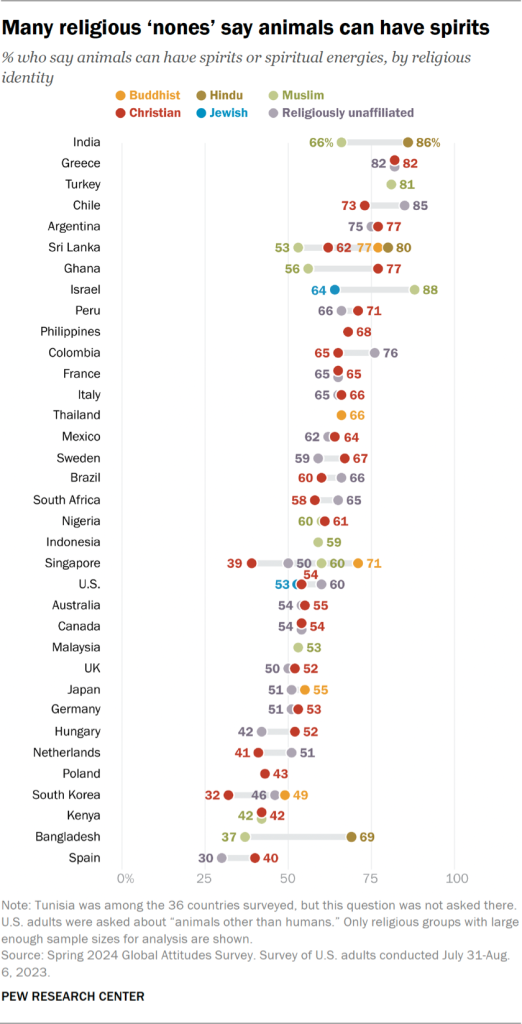 Chart showing many religious ‘nones’ say animals can have spirits