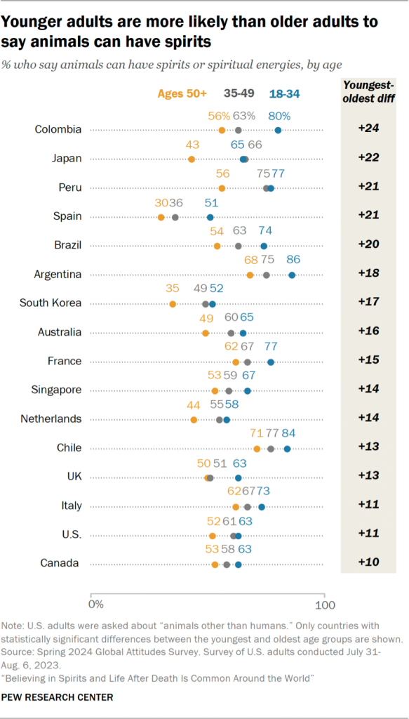 Chart showing younger adults are more likely than older adults to say animals can have spirits