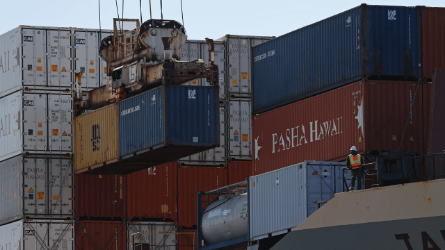 Shipping containers are offloaded at the Port of Oakland in California on April 2, 2025. (Justin Sullivan/Getty Images)