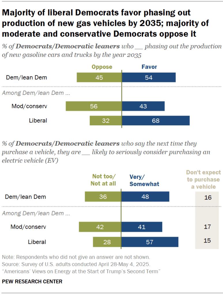 Majority of liberal Democrats favor phasing out production of new gas vehicles by 2035; majority of moderate and conservative Democrats oppose it