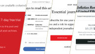 Compilation of major news outlets' paywalls prompting readers to become paid subscribers to view their content. (Pew Research Center collage)