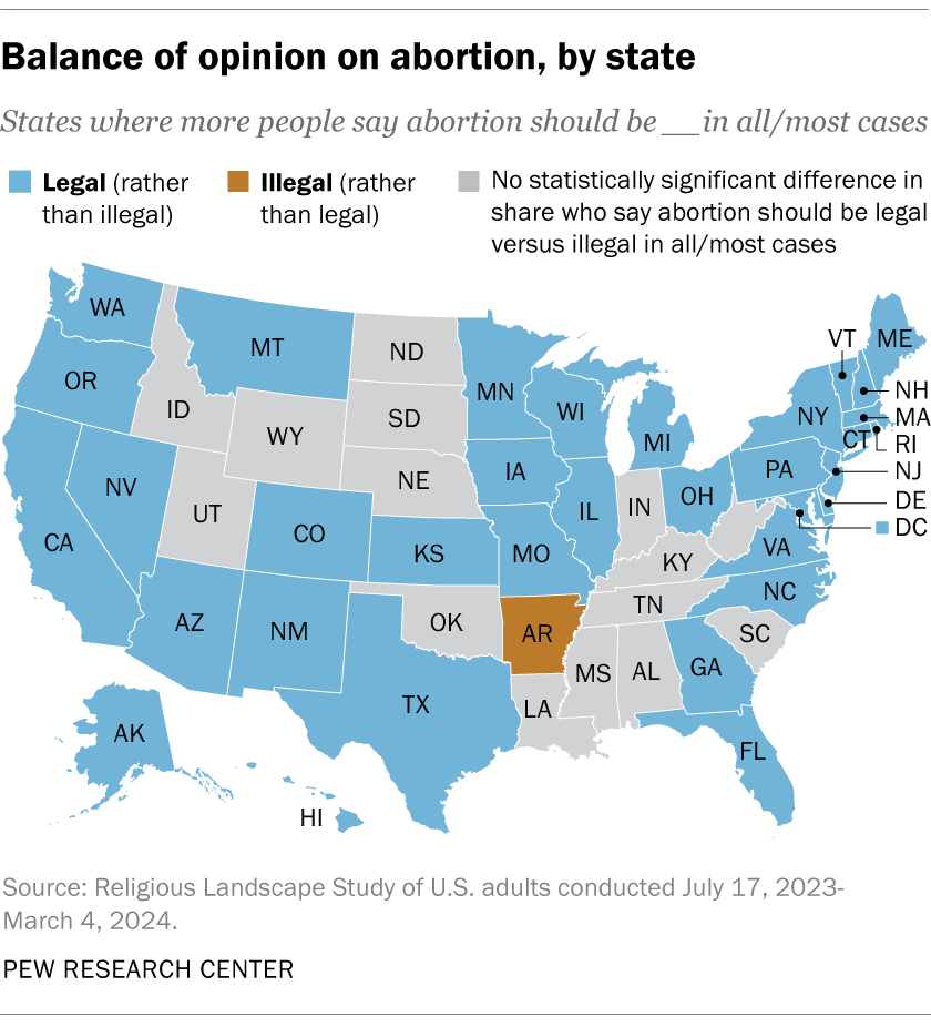 Balance of opinion on abortion, by state