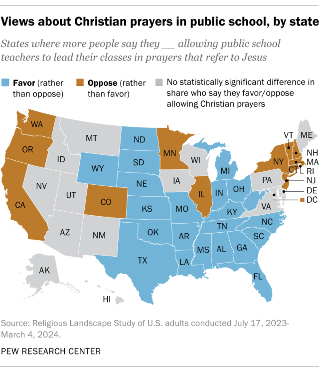 A map of the U.S. showing views about Christian prayers in public school, by state.