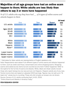 A bar chart showing that Majorities of all age groups have had an online scam happen to them; White adults are less likely than others to say 3 or more have happened