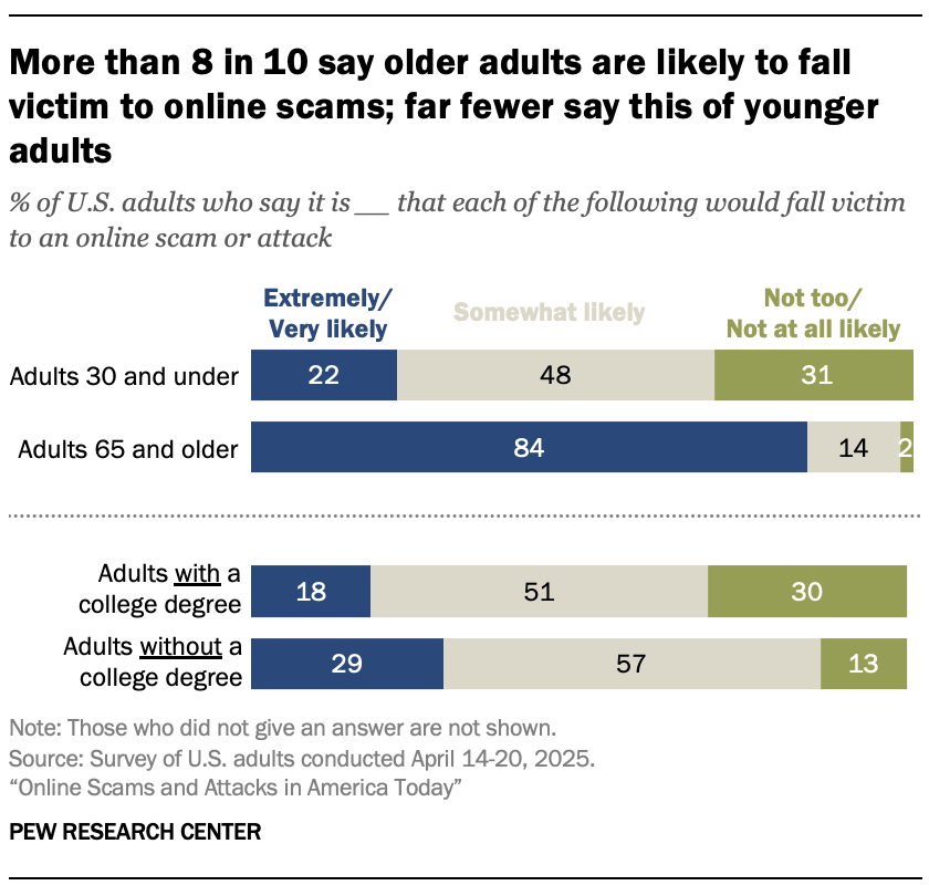 More than 8 in 10 say older adults are likely to fall victim to online scams; far fewer say this of younger adults