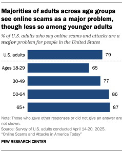 A bar chart showing that Majorities of adults across age groups see online scams as a major problem, though less so among younger adults