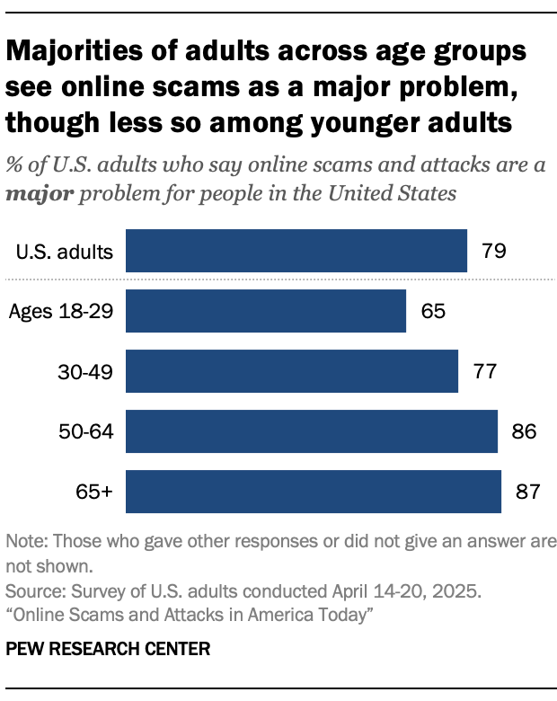 Majorities of adults across age groups see online scams as a major problem, though less so among younger adults