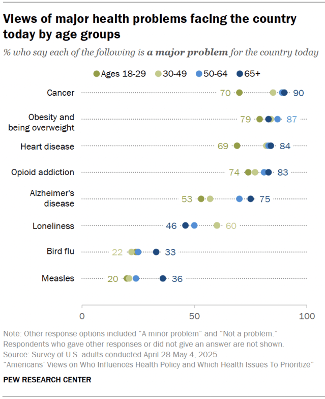 Views of major health problems facing the country today by age groups