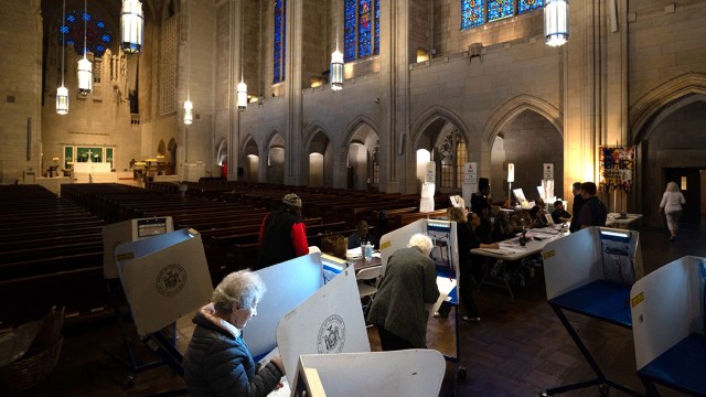 People vote on Election Day, Nov. 5, 2024, at the Church of Heavenly Rest in New York City. (David Dee Delgado/AFP via Getty Images)