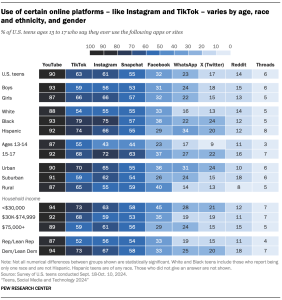 A heat map showing that use of certain online platforms - like Instagram and TikTok - varies by age, race and ethnicity, and gender.