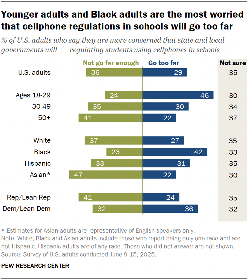 Younger adults and Black adults are the most worried that cellphone regulations in schools will go too far