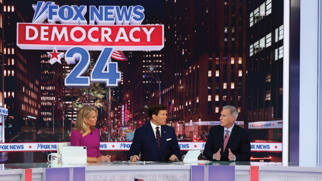 (From left) Fox News anchors Martha MacCallum and Bret Baier speak with former House Speaker Kevin McCarthy during an election night special segment on Nov. 5, 2024. (Dia Dipasupil/Getty Images)
