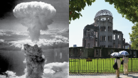 An atomic cloud is captured by a bomber over Nagasaki in 1945; tourists visit the Atomic Bomb Dome in Hiroshima on June 28, 2025. August 2025 marks the 80th anniversary of the atomic bombings in Japan and the end of the Pacific theatre of World War II. (Pierce Archive LLC/Buyenlarge via Getty Images; Richard A. Brooks/AFP via Getty Images)