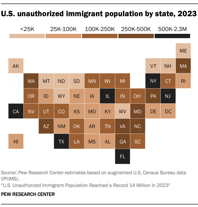 A map showing U.S. unauthorized immigrant population by state, 2023
