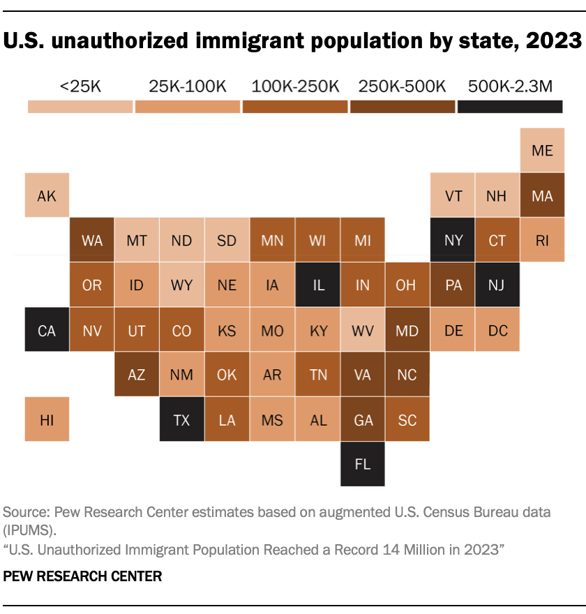 U.S. unauthorized immigrant population by state, 2023