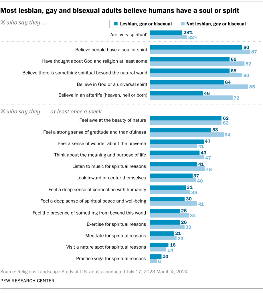 Most lesbian, gay and bisexual adults believe humans have a soul or spirit