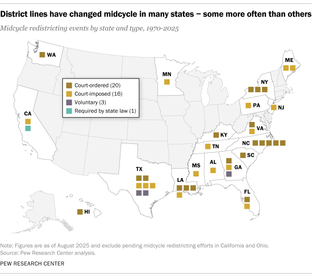 A map of the U.S. showing that district lines have changed midcycle in many states - some more often than others.