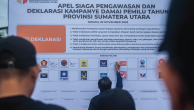 Representatives from Indonesia's political parties sign an agreement to six areas of campaign and voting supervision ahead of the country's 2024 general election in Medan, Indonesia, on Nov. 29, 2023. (Sutanta Aditya/NurPhoto via Getty Images)