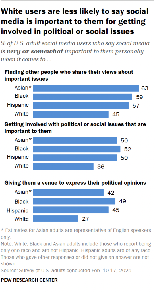 White users are less likely to say social media is important to them for getting involved in political or social issues