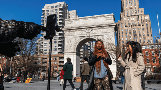 A TikTok creator does interviews in New York City's Washington Square Park on Jan. 17, 2025. (Alex Kent/Getty Images)