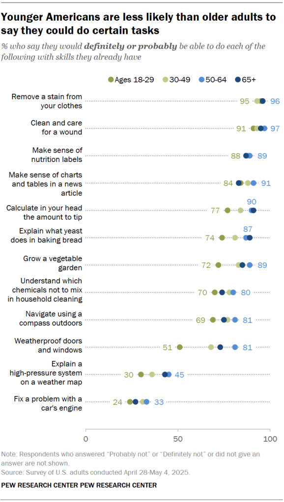Younger Americans are less likely than older adults to say they could do certain tasks