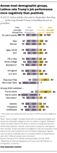 A bar chart showing that Across most demographic groups, Latinos rate Trump’s job performance more negatively than positively