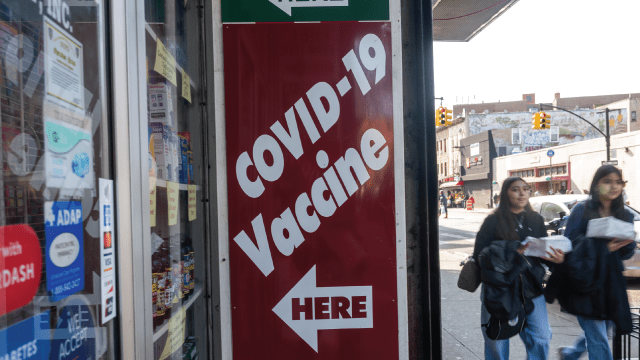 A pharmacy advertises COVID-19 vaccine availability on March 13, 2025, in New York City. (Spencer Platt/Getty Images)