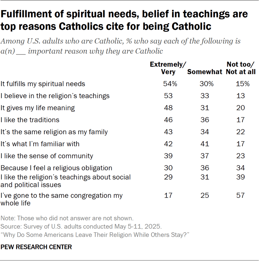 Table showing the fulfillment of spiritual needs and belief in teachings are top reasons Catholics cite for being Catholic