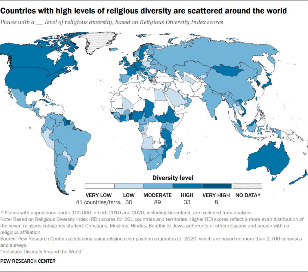 Map showing countries with high levels of religious diversity are scattered around the world