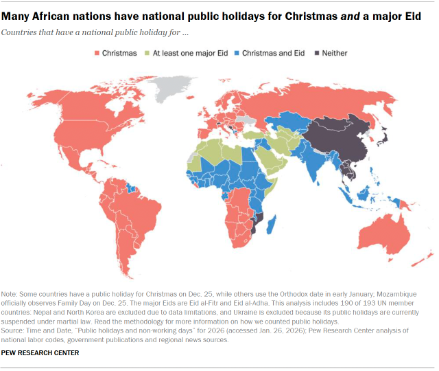 A world map showing that many African nations have national public holidays for Christmas and a major Eid.