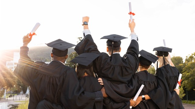 Graduation, group and back view of students celebrate education success. Behind of excited graduates at campus celebration for study goals, university award and learning motivation for happy future