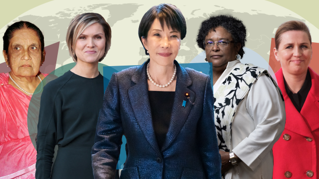 From left, former Prime Minister Sirimavo Bandaranaike of Sri Lanka, Prime Minister Kristrún Frostadóttir of Iceland, Prime Minister Sanae Takaichi of Japan, Prime Minister Mia Mottley of Barbados and Prime Minister Mette Frederiksen of Denmark. (Sena Vidanagama/AFP; Ludovic Marin/AFP; Tomohiro Ohsumi; Joël Saget/AFP; and Thierry Monasse, all via Getty Images)
