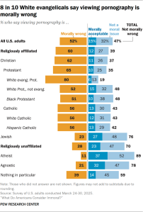 Bar chart showing 8 in 10 White evangelicals say viewing pornography is morally wrong