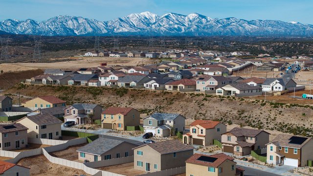 A residential development is shown under construction near the San Gabriel Mountains in Hesperia, California, on Feb. 23, 2026. (David McNew/Getty Images)