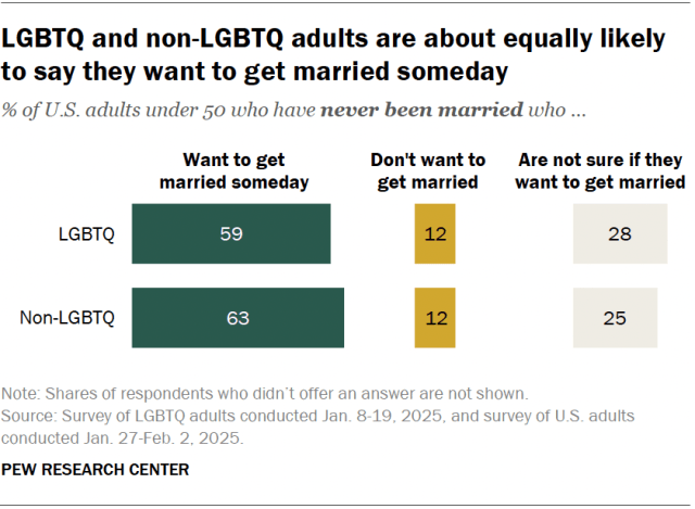 A bar chart showing that LGBTQ and non-LGBTQ adults are about equally likely to say they want to get married someday.