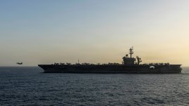 The aircraft carrier USS Abraham Lincoln conducts U.S. blockade operations in the Arabian Sea on April 16, 2026. (U.S. Navy via Getty Images)