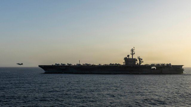 The aircraft carrier USS Abraham Lincoln conducts U.S. blockade operations in the Arabian Sea on April 16, 2026. (U.S. Navy via Getty Images)