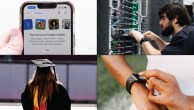 A composite image showing Clockwise, from top right: An employee at an Amazon Web Services lab in Austin, Texas; a woman uses a smartwatch; a student before commencement at the University of Southern California; a person uses ChatGPT on a smartphone. (Mark Felix/AFP, Stefania Pelfini la Waziya, Keith Birmingham/MediaNews Group/Pasadena Star-News, Smith Collection/Gado, all via Getty Images)