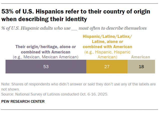 53% of U.S. Hispanics refer to their country of origin when describing their identity