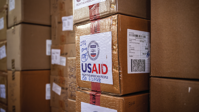 Boxes of drugs from the now-dismantled U.S. Agency for International Development sit in a pharmacy storeroom in Lodwar, Kenya, on April 1, 2025. (Luis Tato/AFP via Getty Images)